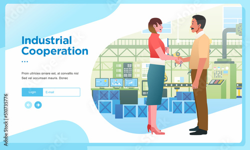 Landing page banners. Entrepreneurs and investors shake hands, into a cooperation agreement to develop the factory business