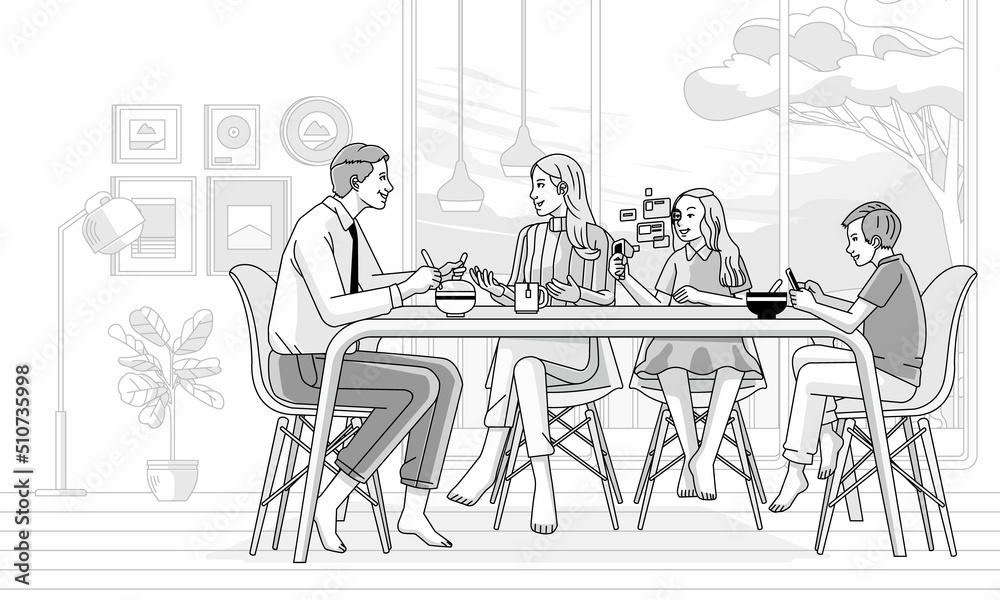 Modern family father, mother, son and daughter having breakfast at table at home, line style, black and white color