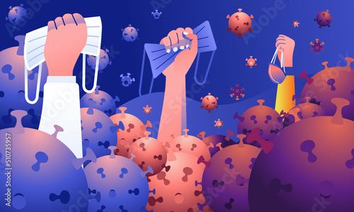 Fist holding a mask raised a symbol to fight the virus and pandemic, in the middle of a virus flood