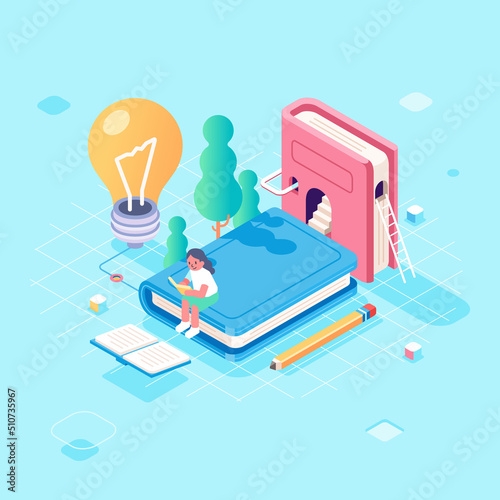 Fotografi Isometric girl reading and studying on a book looking for ideas and knowledge, w