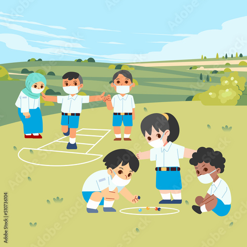 children in school uniform wearing a mask boy and girl playing Hopscotch and marbles on a green hilly field