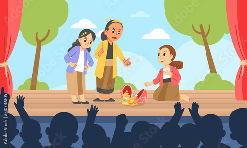 Children's girls theatrical drama performance on stage with folk tales and cheers from the audience