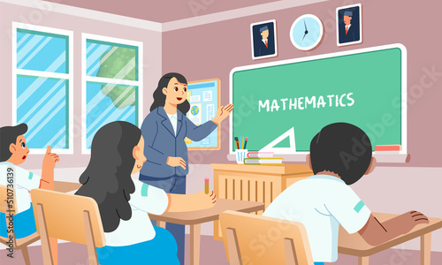 Female teacher starting math class in front first grade elementary school classes