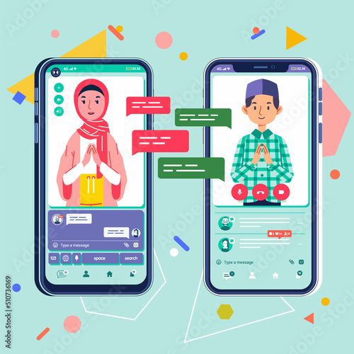 Man and woman smartphone social media apologizing ramadhan greeting