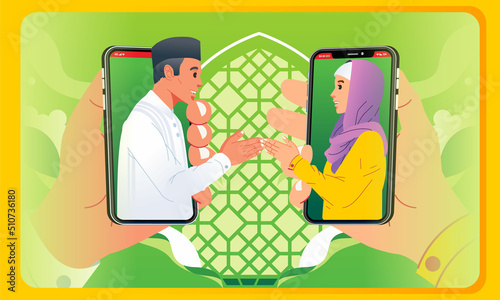 Man woman forgive each other at ramadhan eid mubarak day via mobile smartphone