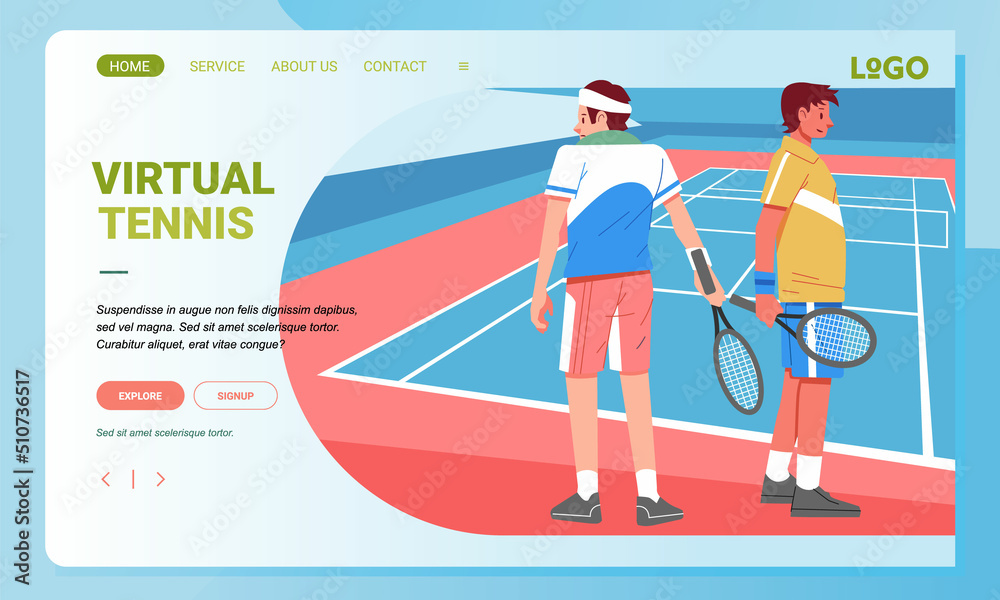 Tennis tournament landing page, two players on the side of the court flat illustration