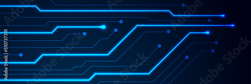 Glowing blue neon circuit board lines abstract banner design. Technology vector background
