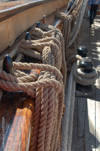 Ropes to control the sails, equipment of the yacht, details of sailing ship, close up
