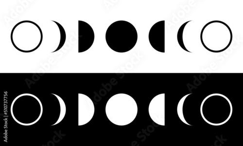 Moon different phases of lunar phases on black and white background flat vector icon design.