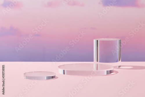 Fototapeta Naklejka Na Ścianę i Meble -  Front view of transparent podium with blank space in purple gradient cloudy sky background abstract content