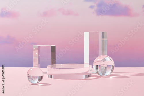 Fototapeta Naklejka Na Ścianę i Meble -  Front view of transparent podium with blank space in purple gradient cloudy sky background abstract content