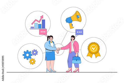 Listen to team feedback to improve work quality, communication skills, or client relationships, ask and answer questions for idea development concepts. Businesswomen share suggestions for improvement