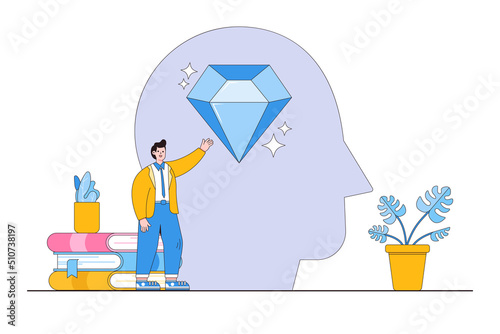 Self-discovery, finding yourself searching for self value, success dream, meaning of life, exploration, inner or inside concepts. Happy businessman succeed finding valuable diamond inside his head