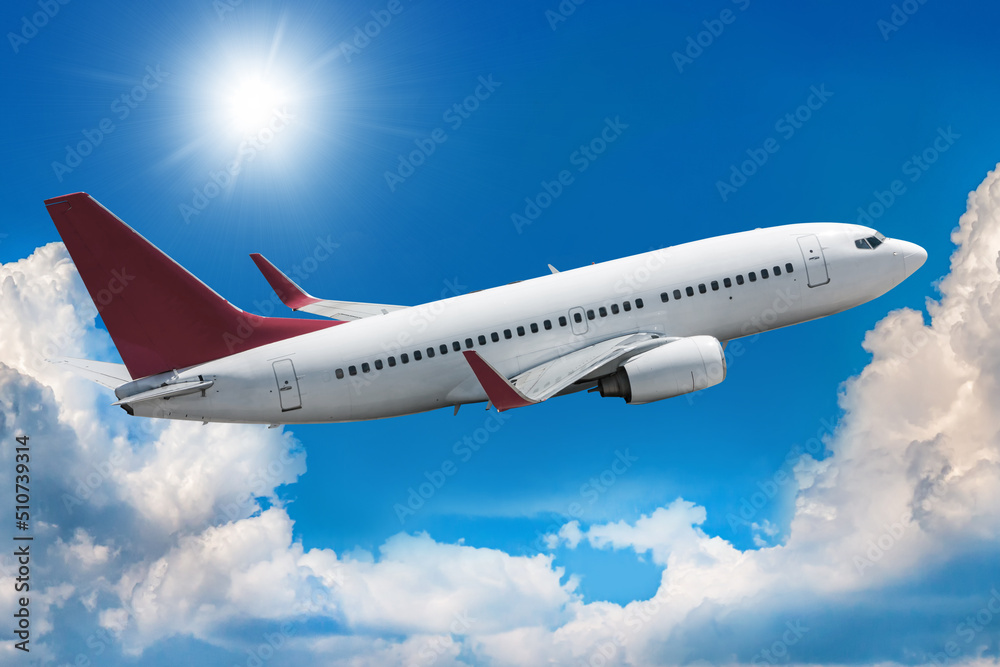 Passenger airliner flies in the air above picturesque clouds Passenger airliner flies in the air above picturesque clouds