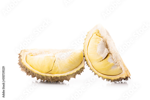 Piece of peel Durian fruit isolated on white