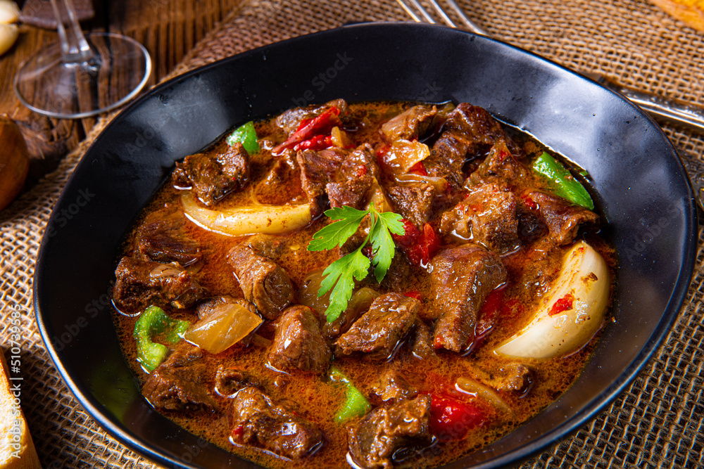 classic beef goulash with peppers and onions classic beef goulash with peppers and onions