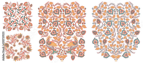 A tree with flowers in the style of kalamkari, a flower wreath, a floral ornament. A set of 4 compositions in Indian style. Emblem, symbol, packaging design, embroidery, textiles. Vector illustration.