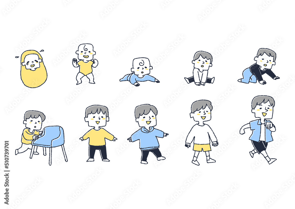 生まれた子供が成長し、立ち上がり、歩き出すまでのイラストセット 生まれた子供が成長し、立ち上がり、歩き出すまでのイラストセット