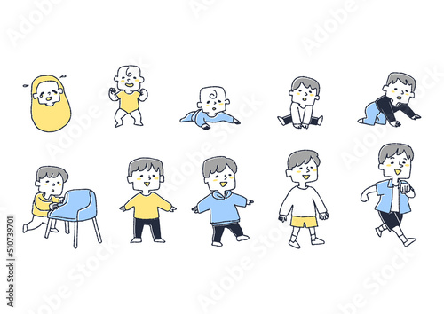 生まれた子供が成長し、立ち上がり、歩き出すまでのイラストセット