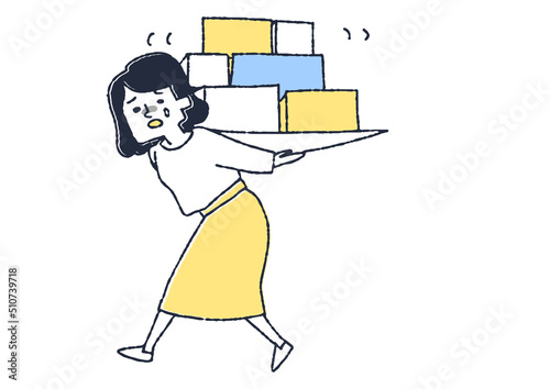 人生においてさまざまな重荷を抱えている女性　コミカルな手書きの人物　ベクター、線画にカラー