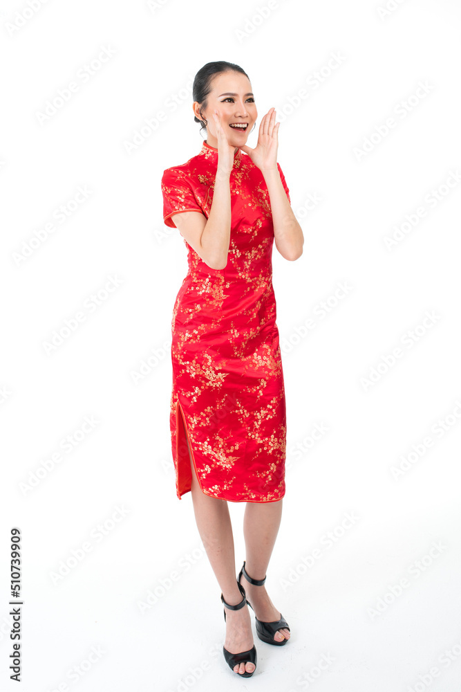 Full body of Asian Chinese Woman wearing red color traditional Chinese costume Cheongsam shouting Full body of Asian Chinese Woman wearing red color traditional Chinese costume Cheongsam shouting