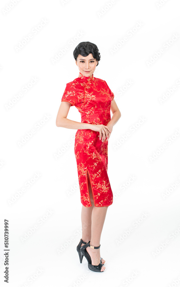 Full body of Asian Chinese Woman wearing red color traditional Chinese costume Cheongsam Full body of Asian Chinese Woman wearing red color traditional Chinese costume Cheongsam