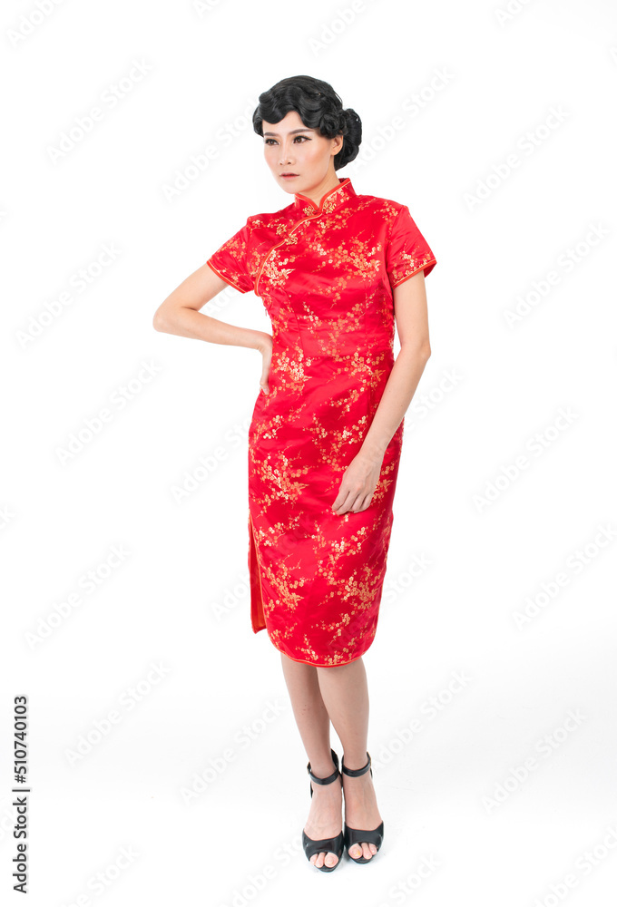 Portrait of a young asian Chinese female lady model wearing red traditional vintage costume Cheongsam smiling and posing with different poses and gestures Portrait of a young asian Chinese female lady model wearing red traditional vintage costume Cheongsam smiling and posing with different poses and gestures