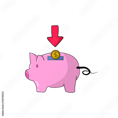 vector design Pink pig piggy bank and gold coins Invite them to save money for the future