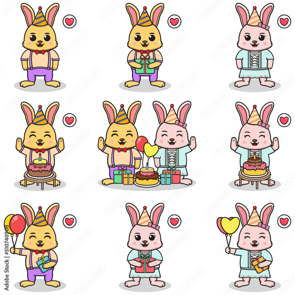 Fototapeta premium Vector of Cute Rabbit in Birthday Party. Set of cute little Rabbit characters. Collection of funny Rabbit isolated on a white background.