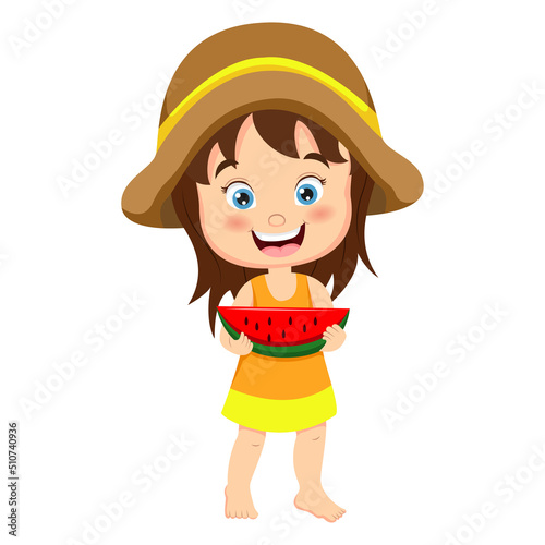 Cartoon little girl holding a watermelon