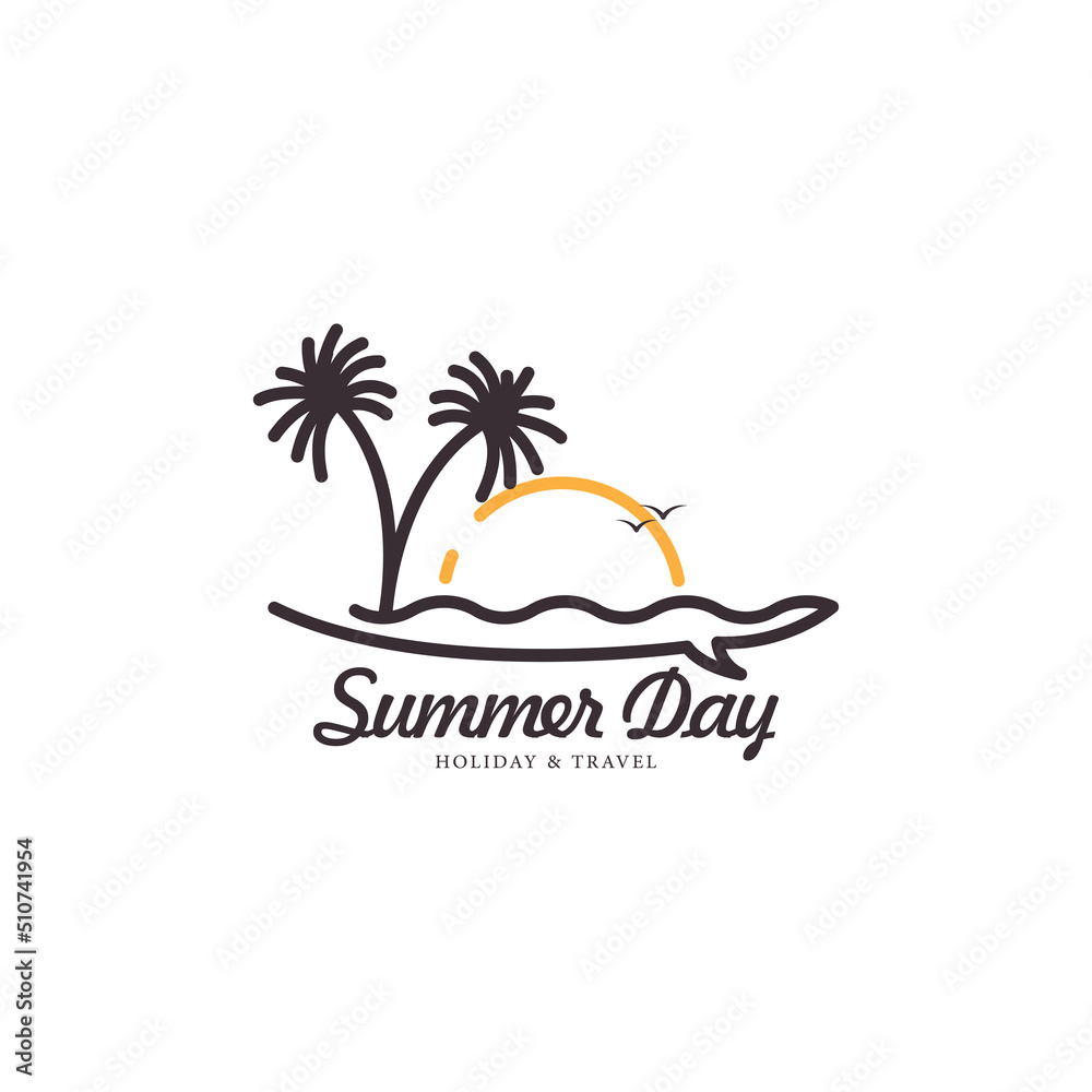 beach and island vacation logo design with summer coconut tree surfboard with line style vector icon symbol illustration