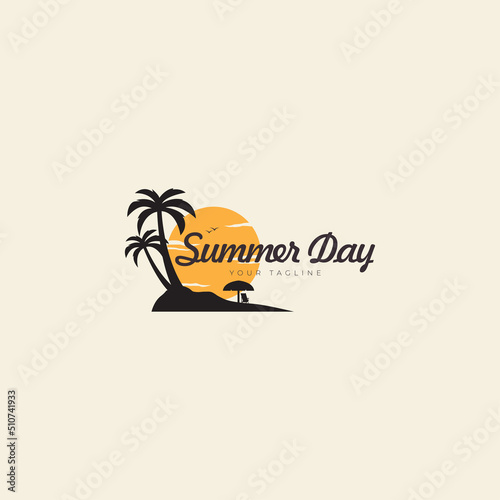beach and island logo design with coconut trees  summer  vacation vector icon symbol illustration