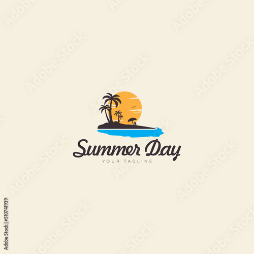 holiday logo design on the beach and island with coconut trees summer vector icon symbol illustration