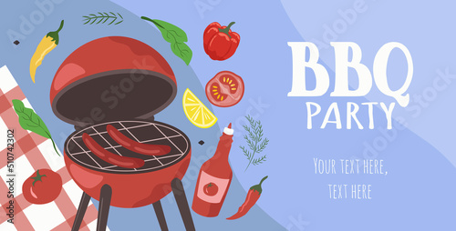 vector illustration in a flat style, a banner for a website on the theme of a barbecue party. Barbecue grill with sausages and vegetables