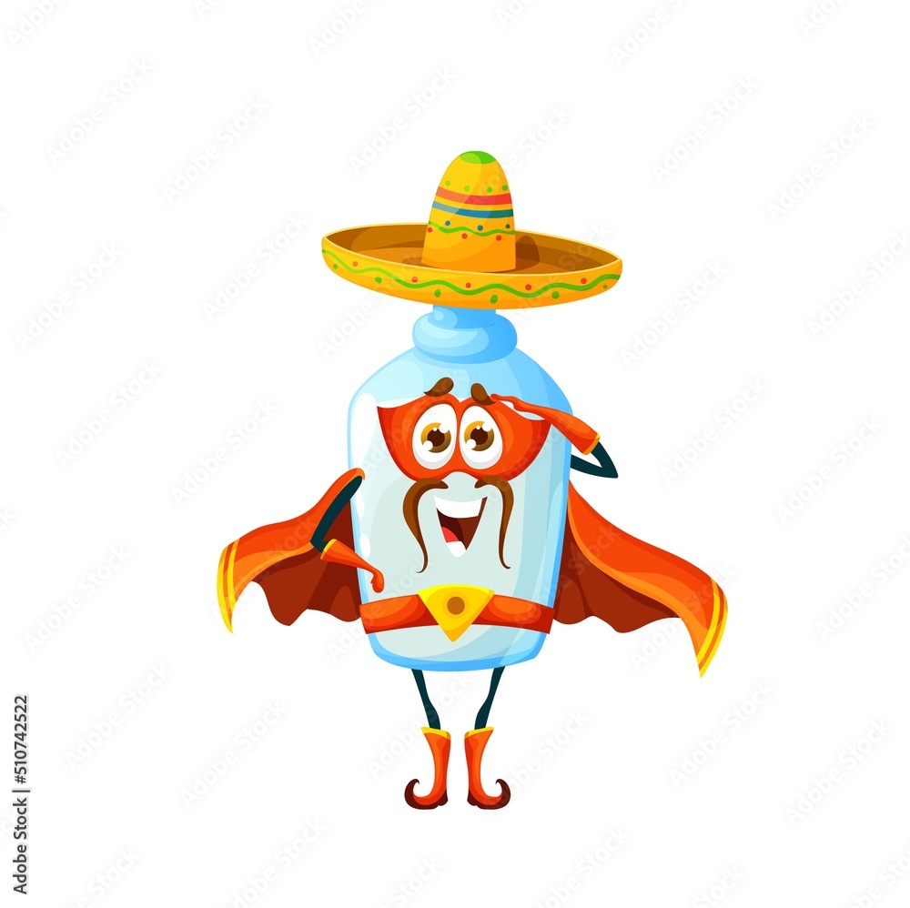 Fototapeta premium Cartoon mexican pulque superhero character of vector drink. Cute glass bottle of agave plant beverage guard personage with sombrero hat, super hero mask, red cape and belt giving salute