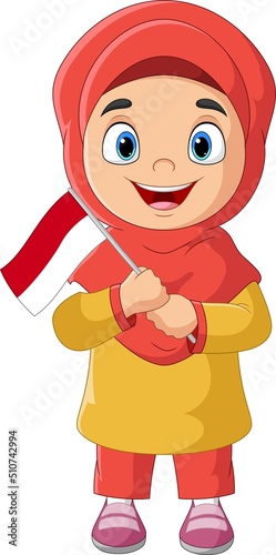 Cartoon muslim girl holding an Indonesian Flag photo