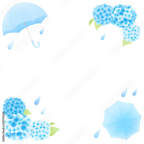 グラデーションがきれいな紫陽花と傘と雨のベクターイラスト