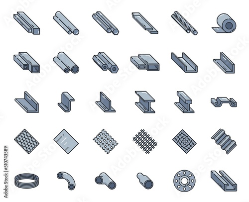 Color steel and aluminum rolled metal, stainless profile outline icons. Vector pipes, tubes, bars and beams, wire mesh and gratings, angle, square and rebar, steel stripes and sheet rolls