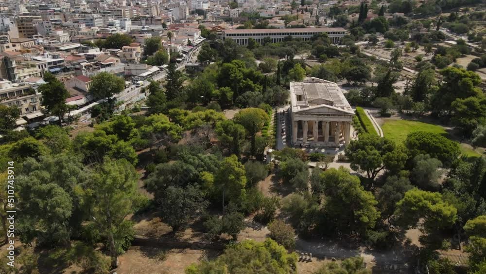 Temple of Hephaestus in Ancient Agora of Athens, Greece. Aerial View of Old Forum Landmark on Sunny Summer Day Temple of Hephaestus in Ancient Agora of Athens, Greece. Aerial View of Old Forum Landmark on Sunny Summer Day