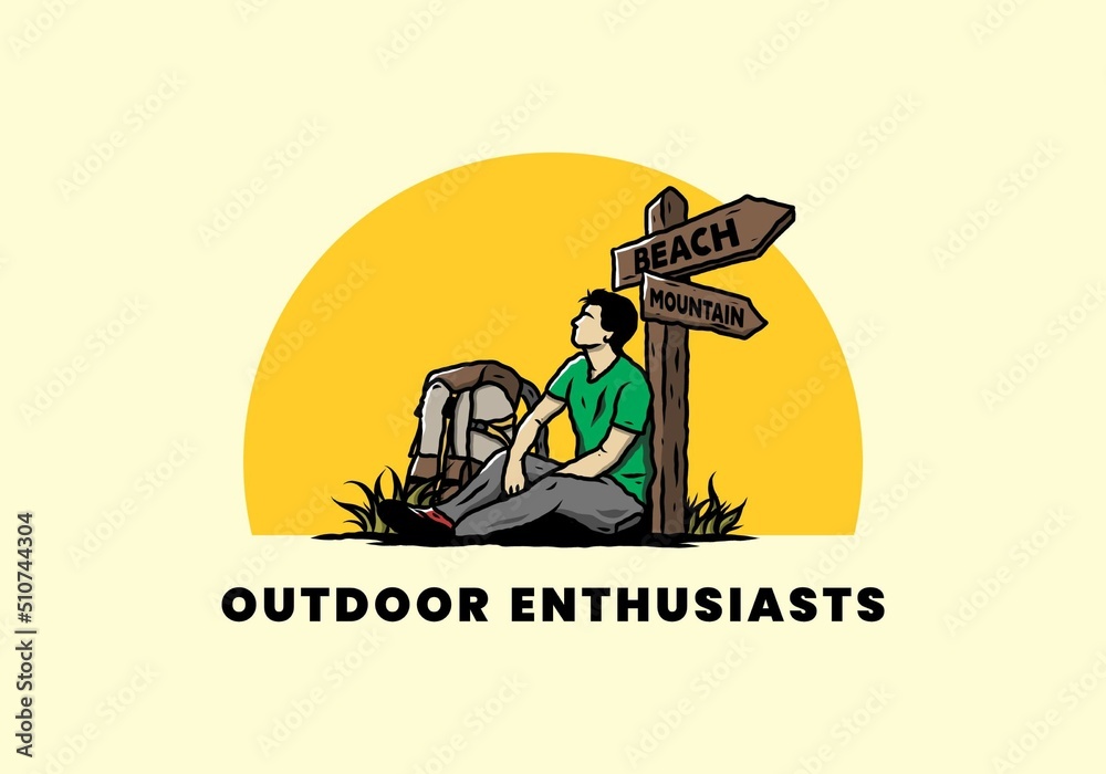 Man sit on the ground beside the way sign beach and mountain illustration Man sit on the ground beside the way sign beach and mountain illustration