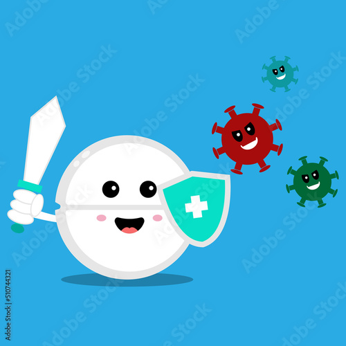 strong tablet guardian with sword and shield fight with bacteria microorganism virus. Health mascots, suitable for any medical products