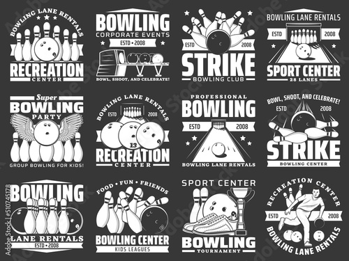 Fototapet Bowling sport icons with vector bowling alley, balls, skittles