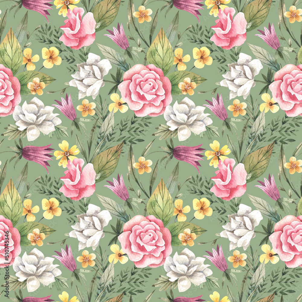 Watercolor floral pattern with hand drawn roses, buttercups, bluebells and fresh herbs. Delicate floral background in vintage style. Flowers and herbs texture for fabric, textile, wallpaper.