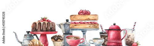 Watercolor illustration of cupcakes, cakes and coffee drinks isolated on white background. Banner for coffee shop, restaurant, menu. Coffee and desserts.