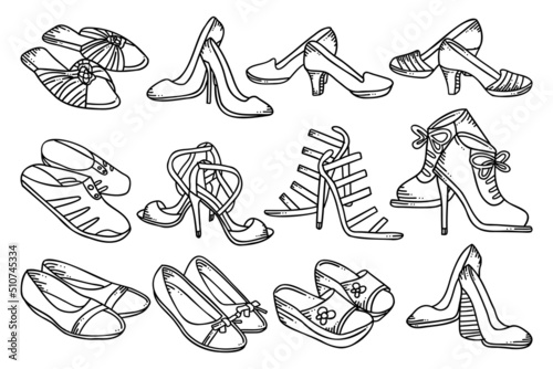 a collection of various types of women's shoes doodle designs