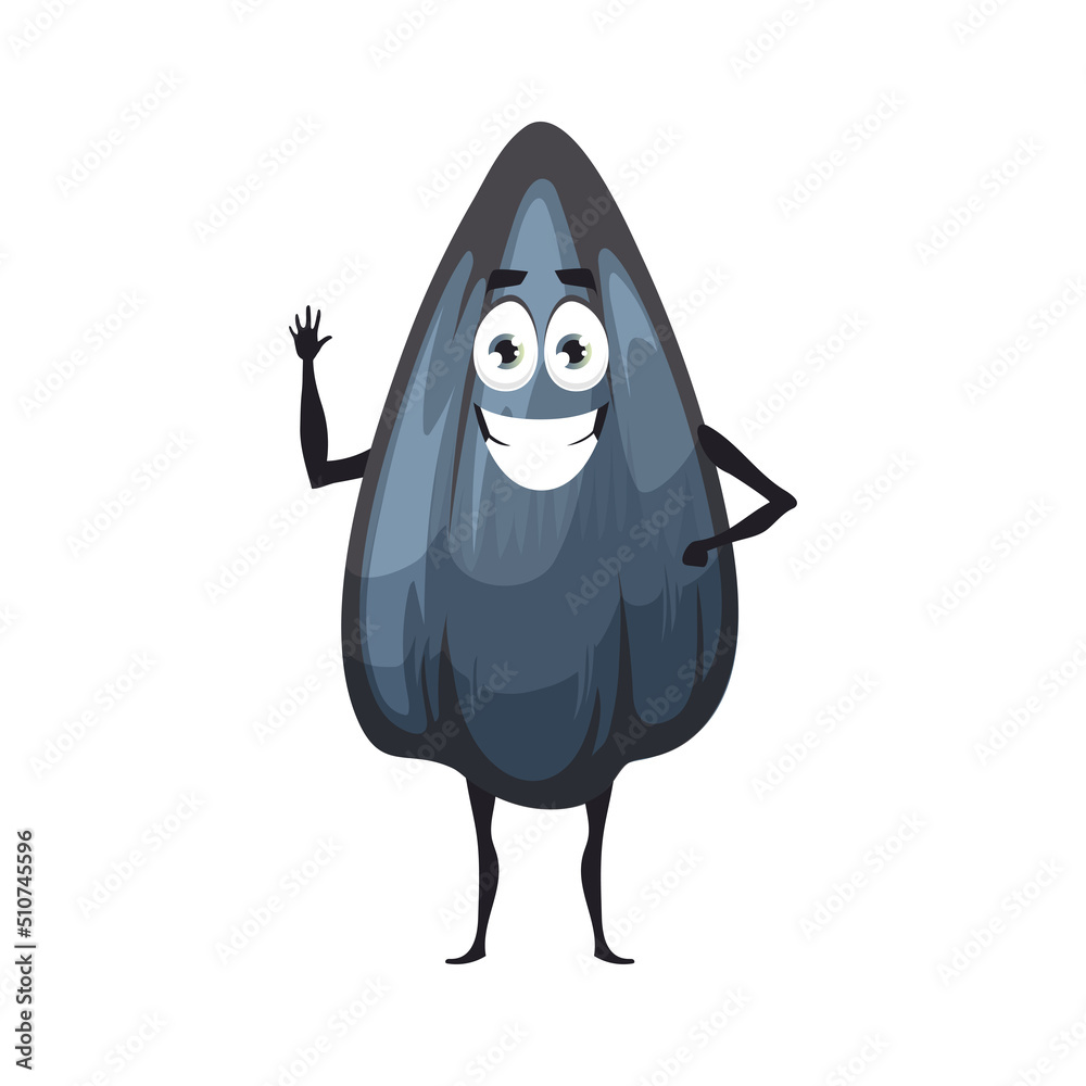 Cheerful sunflower seed character, vector cartoon food personage