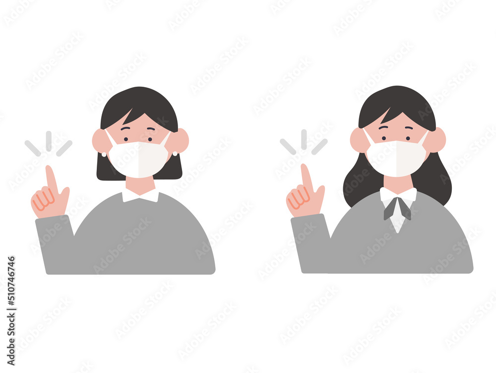 マスクをつけて指差しをするビジネスパーソンのイラスト マスクをつけて指差しをするビジネスパーソンのイラスト