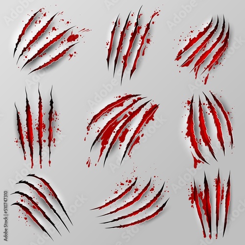 Claw marks scratches with blood, isolated vector wild animal bloody nail rips. Tiger, bear or cat paws sherds with red spots. Lion, monster or beast break, four slash traces, realistic 3d marks set