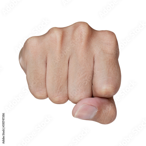 fist front side of man hand isolated on white background. punching something.