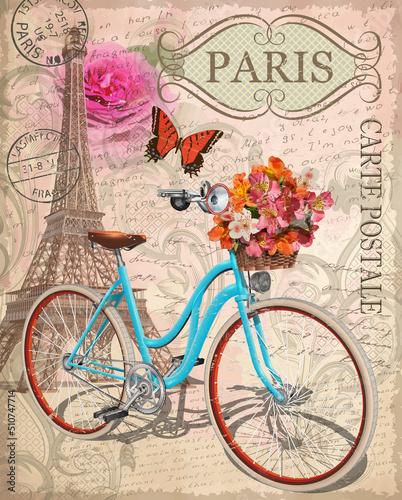 Canvas Print Paris vintage background with flowers, Eiffel Tower and bicycle.